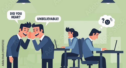 Gossipers whispering secrets while others work in the office.