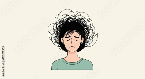 Woman with tangled hair symbolizing stress and mental health issues.