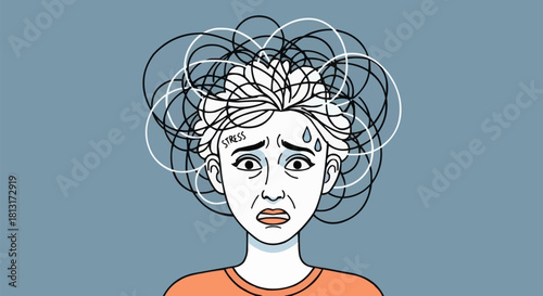 Woman with tangled thoughts and stressed expression.
