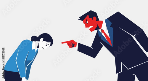 Angry male boss yelling and pointing at a submissive female employee.