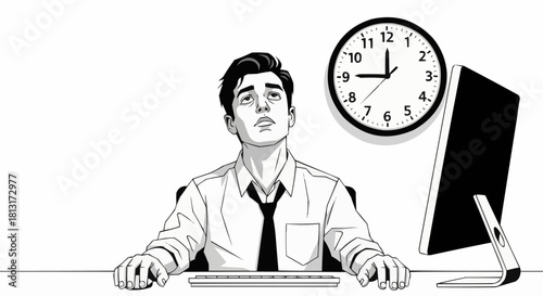 Stressed Businessman Working Late with Clock and Computer.