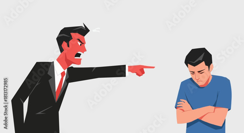 Angry boss scolding employee in a tense workplace confrontation.