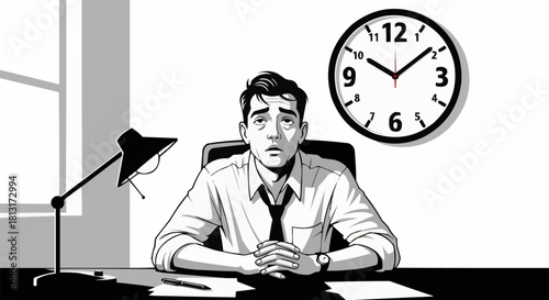 Man sitting at desk looking stressed with clock in background.