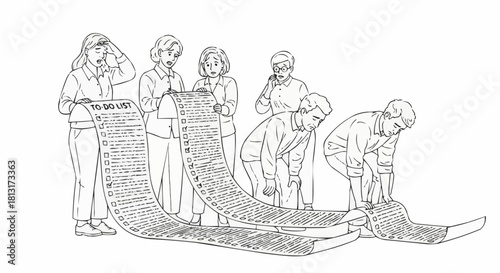 A group of people looking overwhelmed by an impossibly long list.