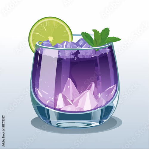 Vibrant Purple Cocktail with Ice Lime and Mint Garnishes Served in a Clear Glass on a Light Blue Background Refreshing Beverage for Summer Parties and Celebrations