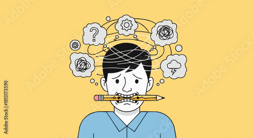 Man with pencil in mouth and thoughts about problems.