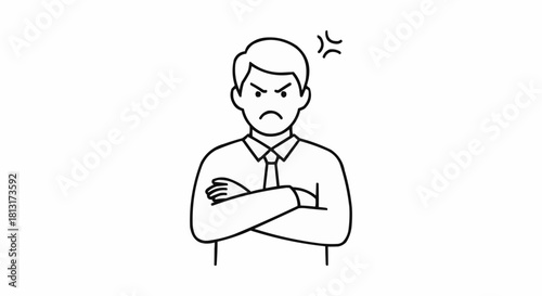 Angry Man Standing With Arms Crossed Expressing Frustration.