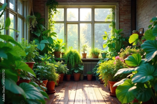 A vibrant green house overflowing with lush potted plants, bathed in sunlight streaming through the glass panes Sunlight illuminates healthy foliage and flowers , green, sunlight, indoor plants