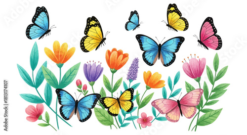 watercolor butterflies and vibrant spring flowers blooming on white perfect for cheerful nature designs cards and invitations.