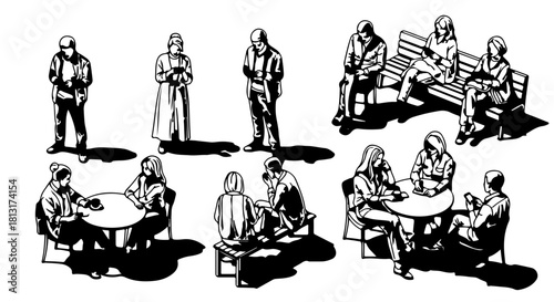 top down view of line art people absorbed in smartphones in public and social settings depicting modern digital dependency