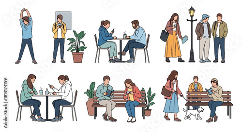 people engaged in diverse daily activities exercising using phones reading socializing in casual urban and cafe settings.