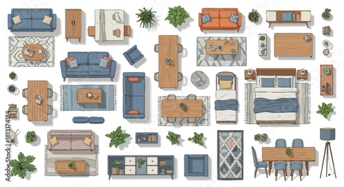 top view collection of modern household furniture for interior design planning architectural floor plans and residential layouts.