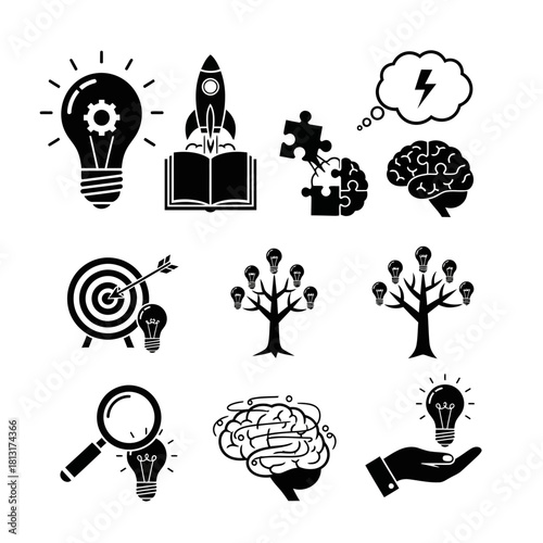 Inspiring collection of business and idea generation icons featuring lightbulbs, brains, rockets, puzzles, and targets for innovation and success