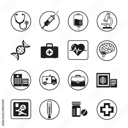 Essential medical icons collection for healthcare innovation, diagnostics, and patient care, offering vital symbols for health technology and research