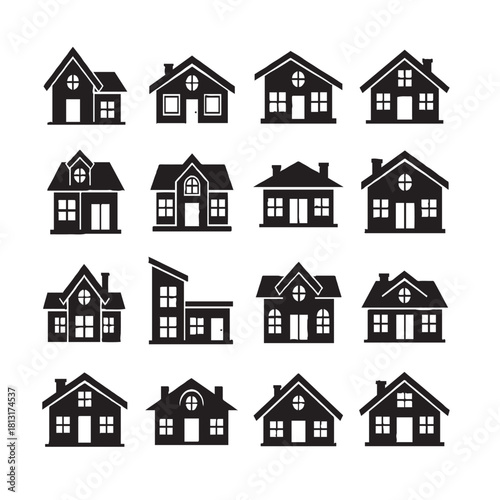  Black 'silhoutte Houses exterior black glyph vector icons set.