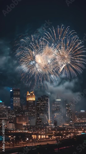 Fireworks Exploding Over City Skyline at Night Time