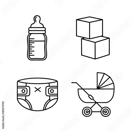 Charming baby essentials icons including a feeding bottle, stacking blocks, diaper, and vintage stroller for nursery design