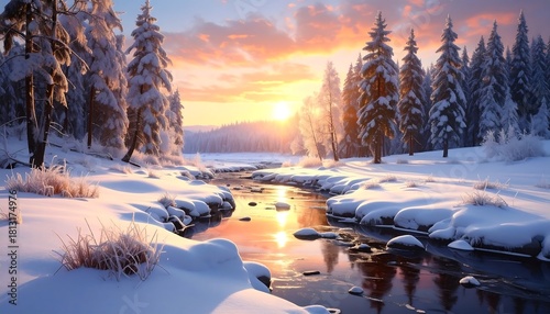 Winter landscape scene with snowy trees and a reflective river during a vibrant sunrise or sunset
