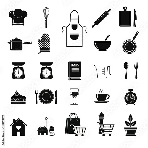 Culinary collection icons featuring chef hat, whisk, apron, pots, pans, scales, recipe book, and baking essentials for kitchen and food preparation inspiration.