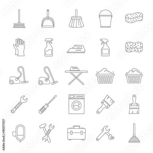 Professional cleaning and repair tool icons set for modern homes and businesses, showcasing essential household maintenance items