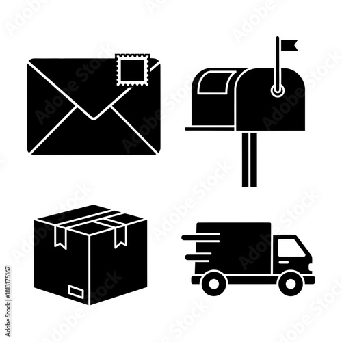 Dynamic delivery icons showcase essential logistics like mailboxes, packages, envelopes with stamps, and speedy transport trucks for modern commerce.