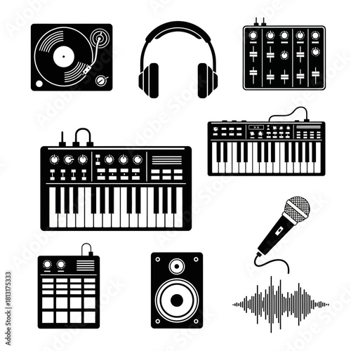 Essential DJ and music production gear including turntable, synthesizer, mixer, headphones, and microphone creating dynamic sound waves.