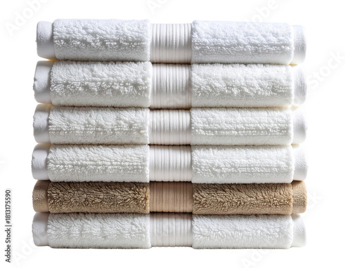  Neatly Stacked Cotton Towels in Horizontal Pile, Front View, Isolated on Transparent Background