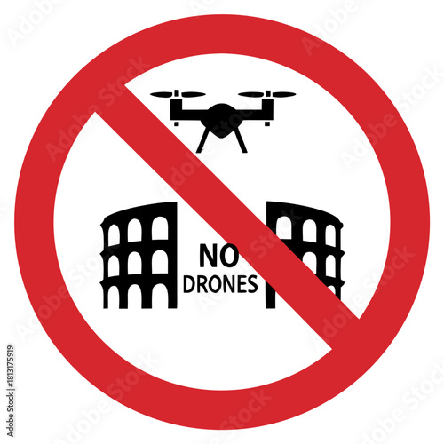 No drones allowed near historical sites sign with red circle and landmark silhouette illustration