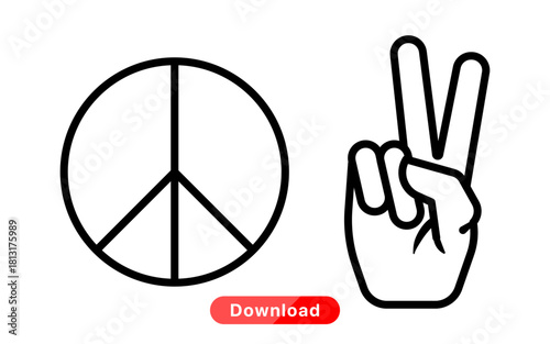This image features a peace symbol alongside a hand making the victory sign, perfect for various design projects. Minimalist Peace Symbol and Victory Hand Gesture Line Icons