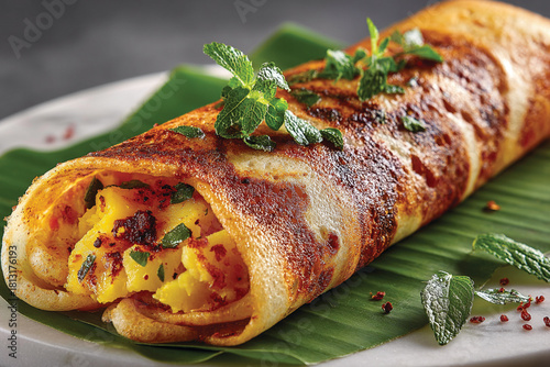 Traditional Masala Dosa Served on Banana Leaf – South Indian Cuisine