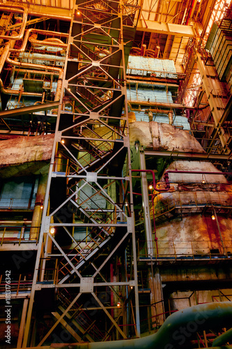 Industrial facility interior showcasing towering structures, pipes, and machinery during daytime operations
