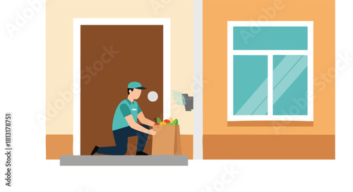 A Delivery Courier Performing Contactless Drop-off by Placing a Grocery Bag at the Customer's Front Door