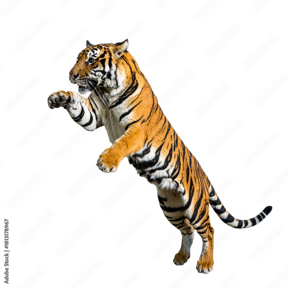 Fototapeta premium Tiger's Leap: A majestic tiger in mid-air, showcasing its power, agility, and the captivating beauty of its stripes. A symbol of strength and the untamed spirit of the wild.