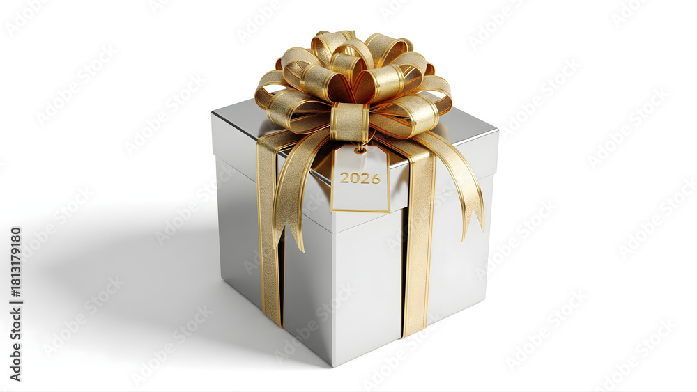 Obraz premium A premium silver gift box with gold bow and 2026 tag on a clean white background. Luxurious, festive, and ideal for New Year microstock purposes.