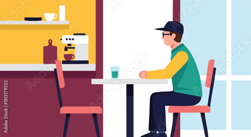 A Delivery Courier Taking a Break and Sitting Alone at a Table in a Coffee Shop or Cafe