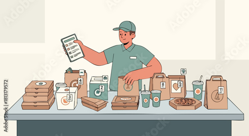 A Delivery Courier Sorting Multiple Customer Orders and Checking an Electronic Checklist on a Tablet