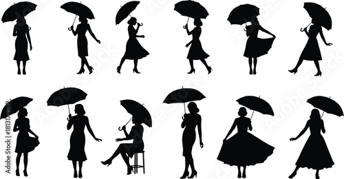 Black silhouettes of woman holding umbrella, female in dress posing under rain protection, vector illustration set isolated on white background, fashion concept.