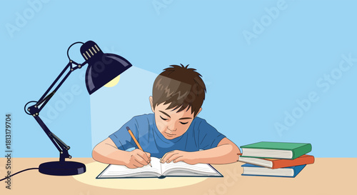 A young boy diligently studies and writes in a notebook at his desk, illuminated by a desk lamp, with a stack of books nearby.