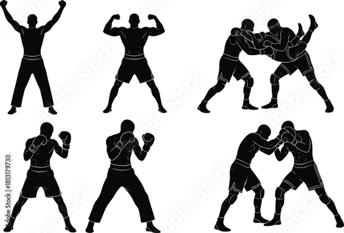 Boxing and fighting silhouettes set, strong male athletes in action poses, MMA wrestlers and boxers vector illustration for sports club logo.