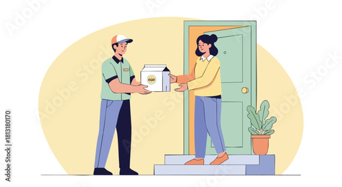 A Delivery Courier Handing a Packaged Order to a Female Customer at Her Doorstep