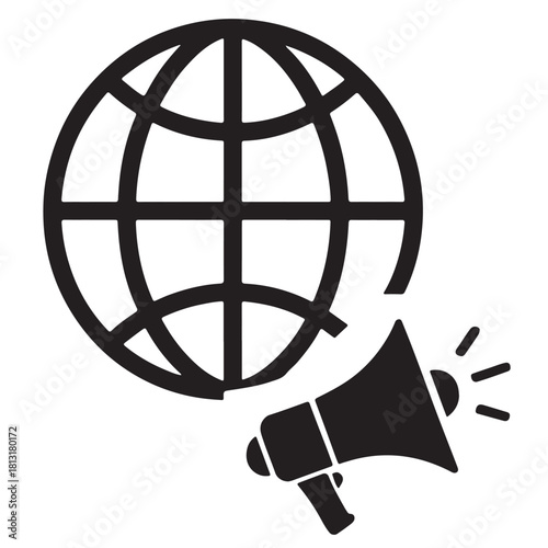 Global announcement vector icon flat design illustration of a megaphone and globe isolated on white background