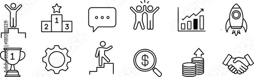 Business Success Icons Achievement, Teamwork, Growth, Communication, Startup, and Financial Analysis Line Art