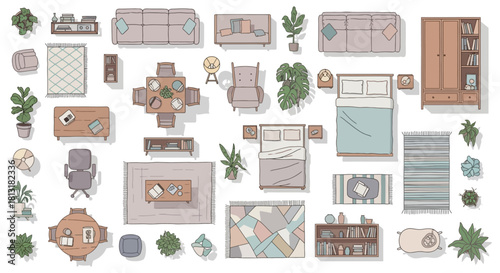 plan view furniture and home decor hand-drawn top-down illustration of modern furnishings for interior design plans.