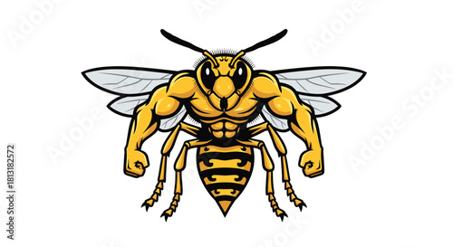 A powerful and muscular yellow wasp or bee, with bulging biceps and clenched fists, stands ready for action in a bold cartoon mascot style.