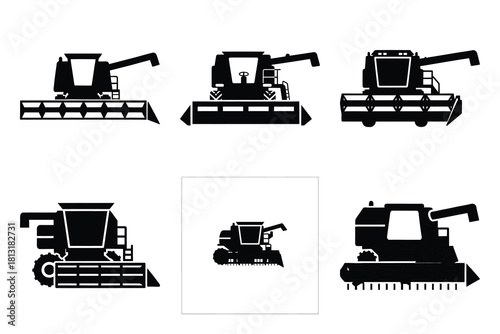 simple farm  combine harvester symbol silhouette icon set. Agriculture, farming silhouette icons