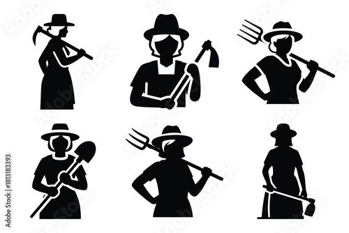 simple farm  farmer woman symbol silhouette icon set. Agriculture, farming silhouette icons