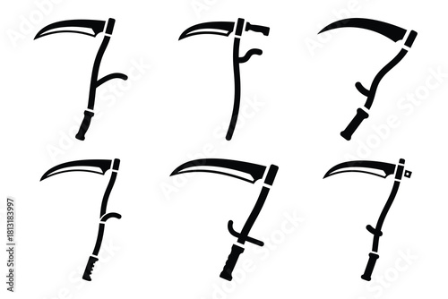 simple farm  harvest scythe symbol silhouette icon set. Agriculture, farming silhouette icons