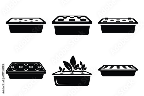 simple farm  hydroponic tray symbol silhouette icon set. Agriculture, farming silhouette icons