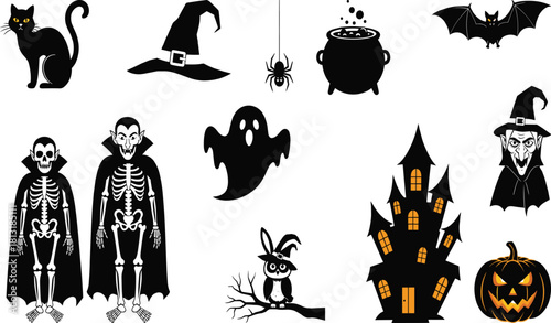 Halloween illustration set, black cat, witch hat, haunted house, ghost, skeleton, pumpkin, bat, owl, cauldron, spooky vector design