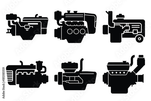 simple farm  tractor engine symbol silhouette icon set. Agriculture, farming silhouette icons